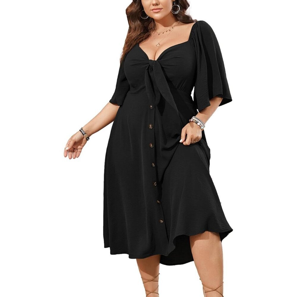 Plus Size Summer Dress Flowy Polyester V Neck Short Sleeve Casual Chic
